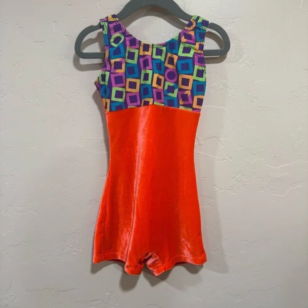 Motionwear Gymnastic leotard Orange velvet with Geometric Pattern Girls size 6x/